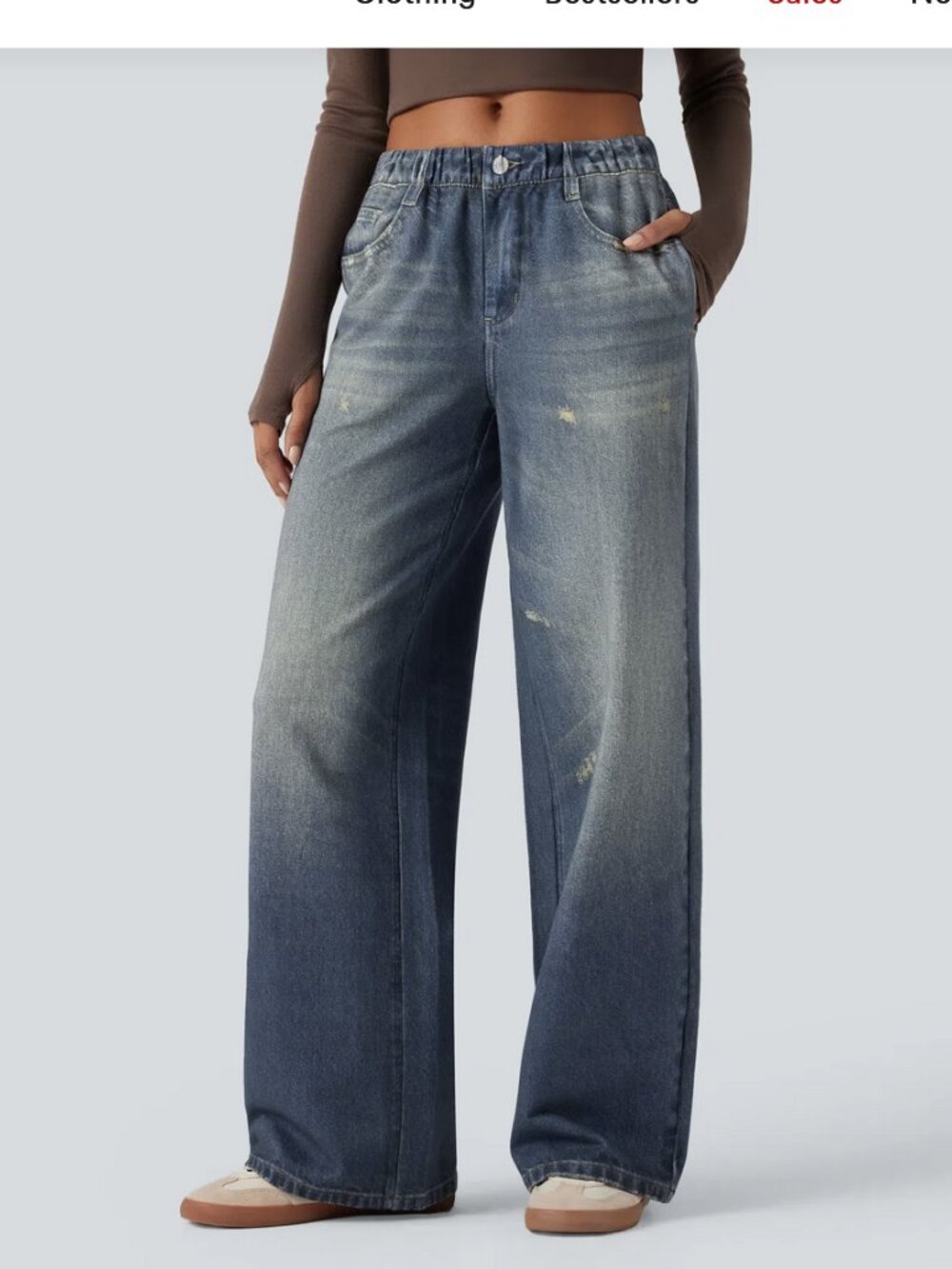 Mid Rise Denim Print French Terry Casual Sweatpants Jeans with Pockets
